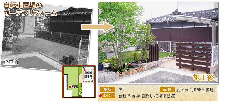 庭リフォーム：サイクルポート設置で敷地を有効活用：自転車置場の追加、花壇スペースの整理
